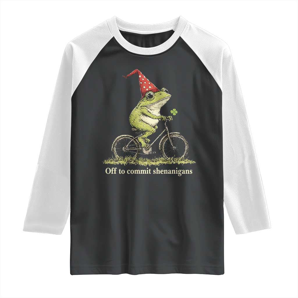 Funny Frog St Patricks Day Raglan Shirt Off To Commit Shenanigans Four Leaf Clover TS11 Black White Print Your Wear