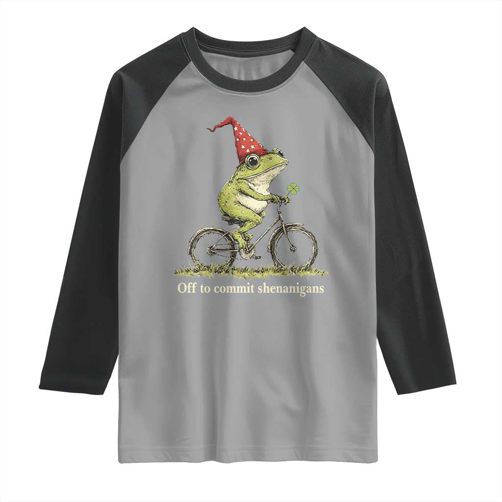 Funny Frog St Patricks Day Raglan Shirt Off To Commit Shenanigans Four Leaf Clover TS11 Sport Gray Black Print Your Wear