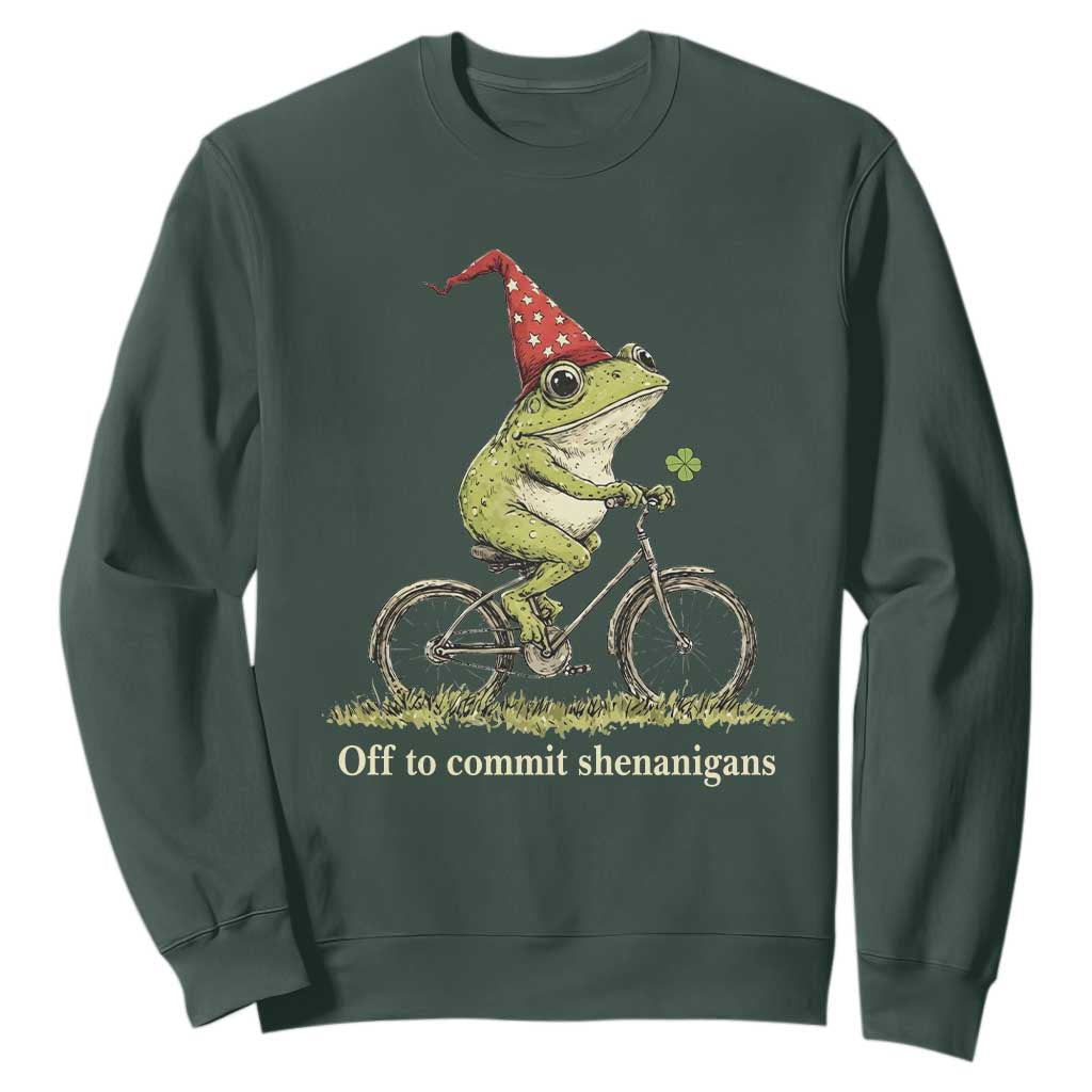 Funny Frog St Patricks Day Sweatshirt Off To Commit Shenanigans Four Leaf Clover TS11 Dark Forest Green Print Your Wear