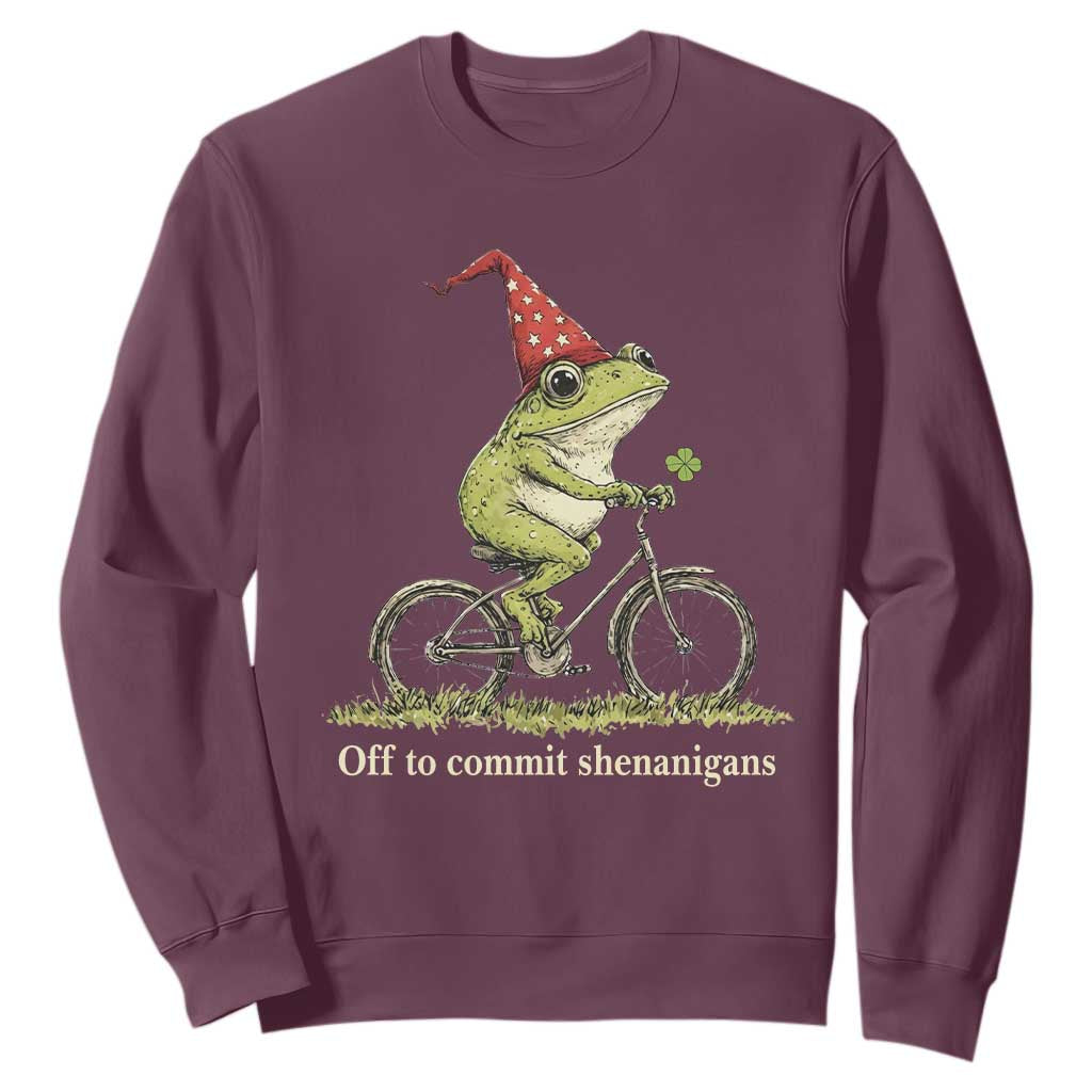 Funny Frog St Patricks Day Sweatshirt Off To Commit Shenanigans Four Leaf Clover TS11 Maroon Print Your Wear