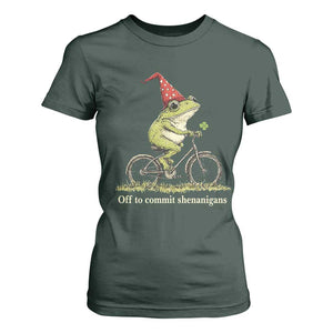 Funny Frog St Patricks Day T Shirt For Women Off To Commit Shenanigans Four Leaf Clover TS11 Dark Forest Green Print Your Wear