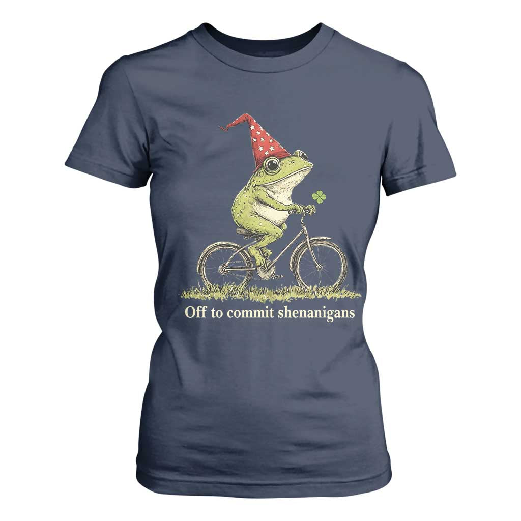 Funny Frog St Patricks Day T Shirt For Women Off To Commit Shenanigans Four Leaf Clover TS11 Navy Print Your Wear