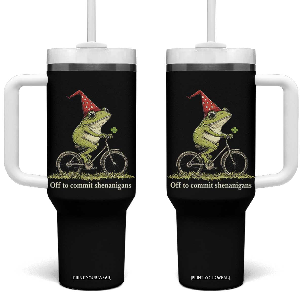 Funny Frog St Patricks Day Tumbler With Handle Off To Commit Shenanigans Four Leaf Clover TS11 One Size: 40 oz Black Print Your Wear