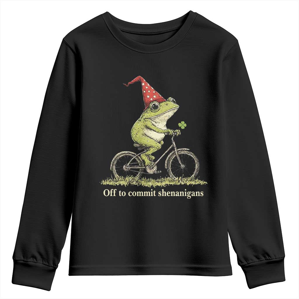 Funny Frog St Patricks Day Youth Sweatshirt Off To Commit Shenanigans Four Leaf Clover TS11 Black Print Your Wear