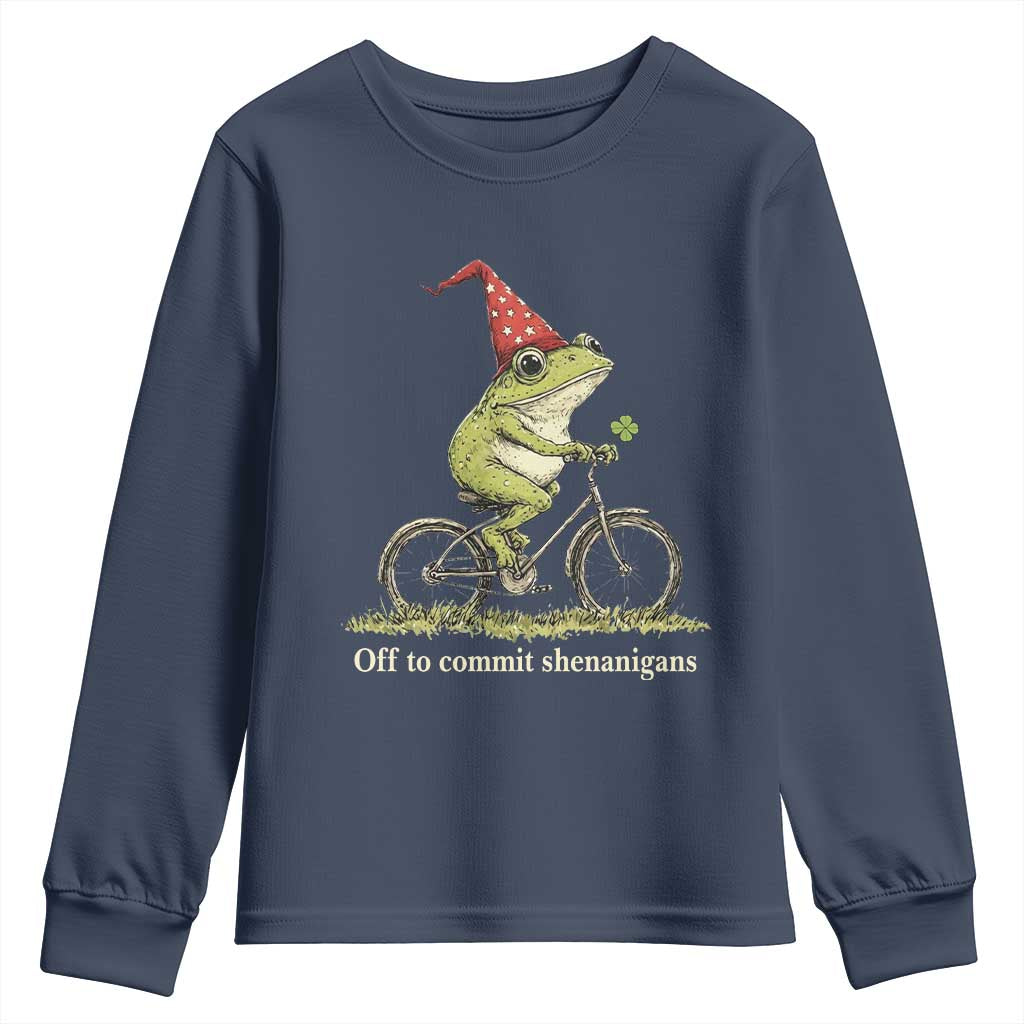 Funny Frog St Patricks Day Youth Sweatshirt Off To Commit Shenanigans Four Leaf Clover TS11 Navy Print Your Wear