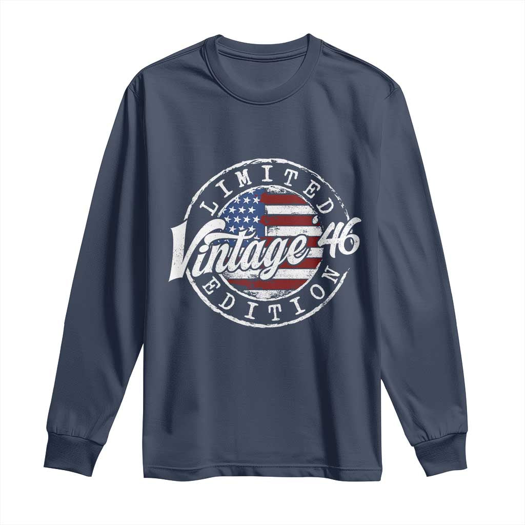 Funny 80th Birthday Long Sleeve Shirt Vintage 1946 Stamp 80 Years Old American Flag TS11 Navy Print Your Wear