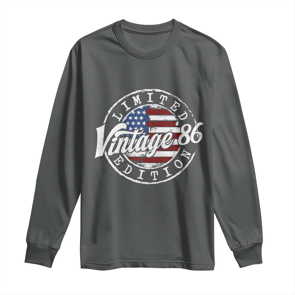 Funny 40th Birthday Long Sleeve Shirt Vintage 1986 Stamp 40 Years Old American Flag TS11 Dark Heather Print Your Wear