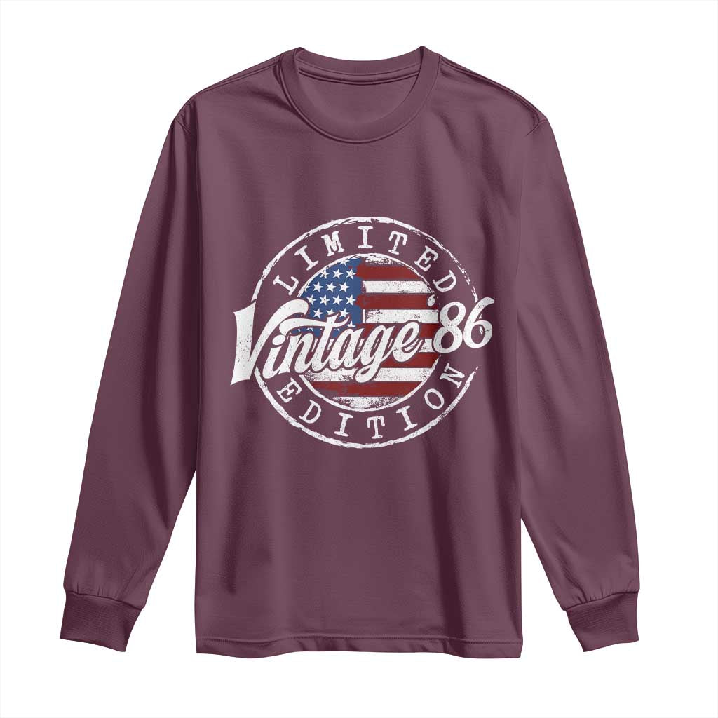 Funny 40th Birthday Long Sleeve Shirt Vintage 1986 Stamp 40 Years Old American Flag TS11 Maroon Print Your Wear