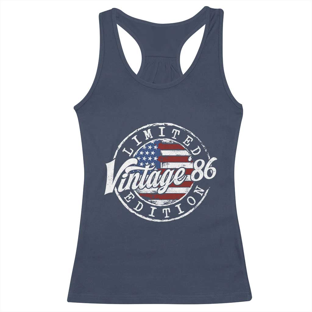 Funny 40th Birthday Racerback Tank Top Vintage 1986 Stamp 40 Years Old American Flag TS11 Navy Print Your Wear