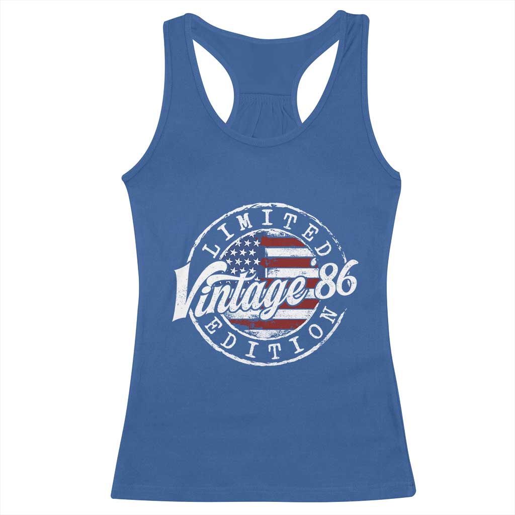Funny 40th Birthday Racerback Tank Top Vintage 1986 Stamp 40 Years Old American Flag TS11 Royal Blue Print Your Wear