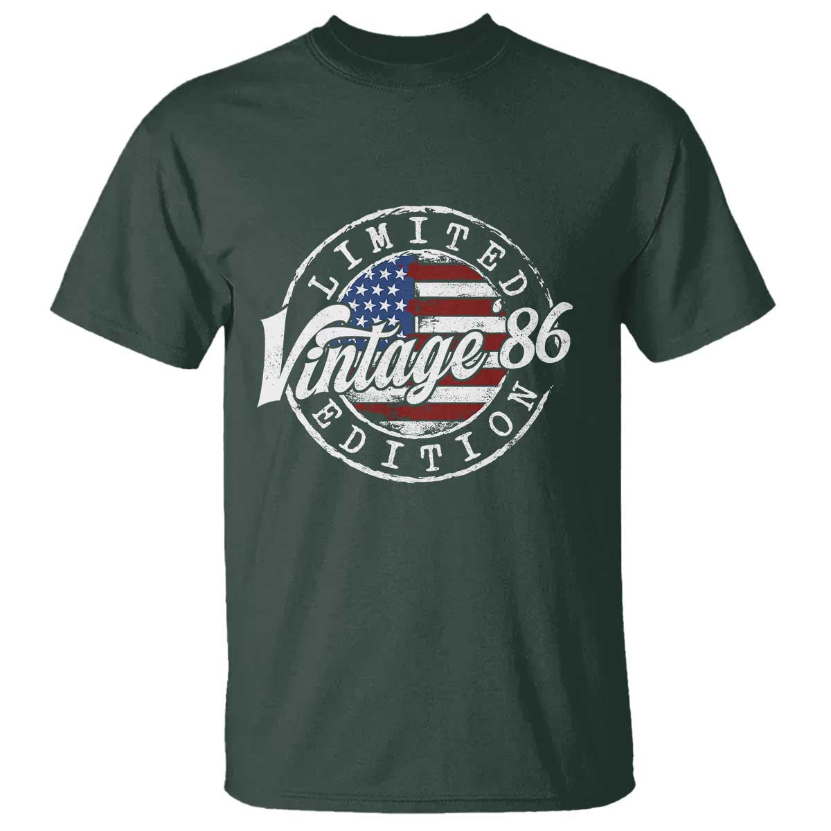Funny 40th Birthday T Shirt Vintage 1986 Stamp 40 Years Old American Flag TS11 Dark Forest Green Print Your Wear