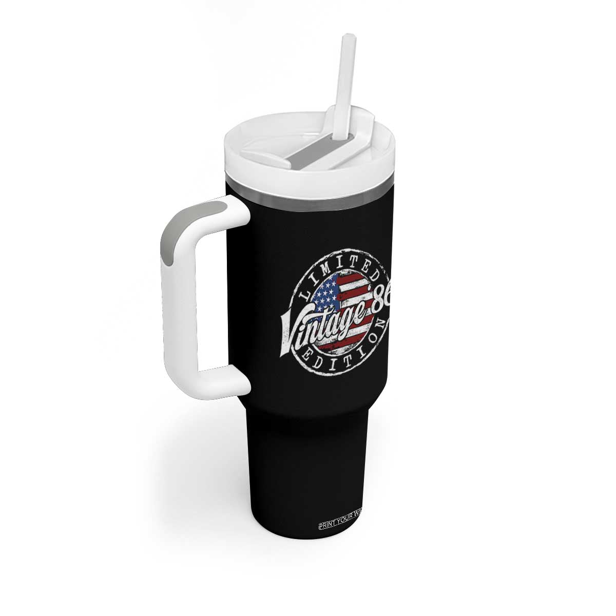 Funny 40th Birthday Tumbler With Handle Vintage 1986 Stamp 40 Years Old American Flag TS11 Print Your Wear