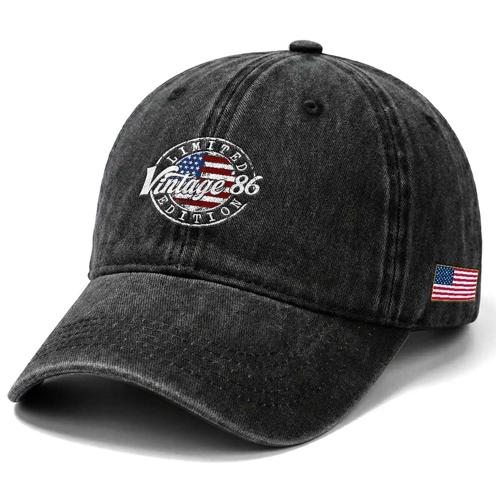 Funny 40th Birthday Washed Cotton Baseball Cap Vintage 1986 Stamp 40 Years Old American Flag