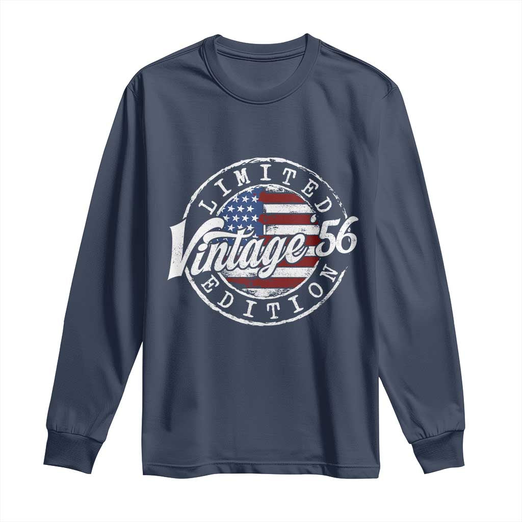 Funny 70th Birthday Long Sleeve Shirt Vintage 1956 Stamp 70 Years Old American Flag TS11 Navy Print Your Wear