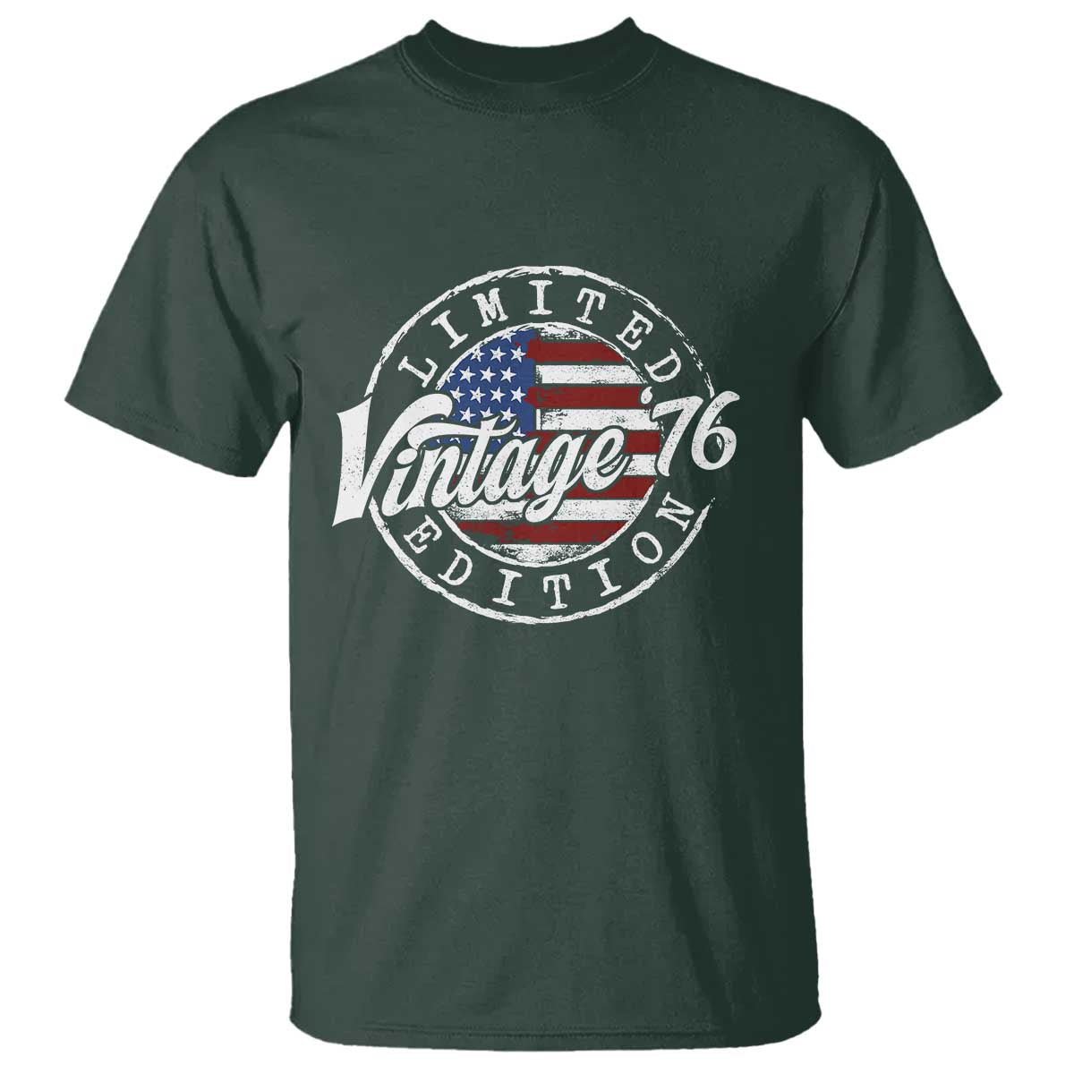 Funny 50th Birthday T Shirt Vintage 1976 Stamp 50 Years Old American Flag TS11 Dark Forest Green Print Your Wear