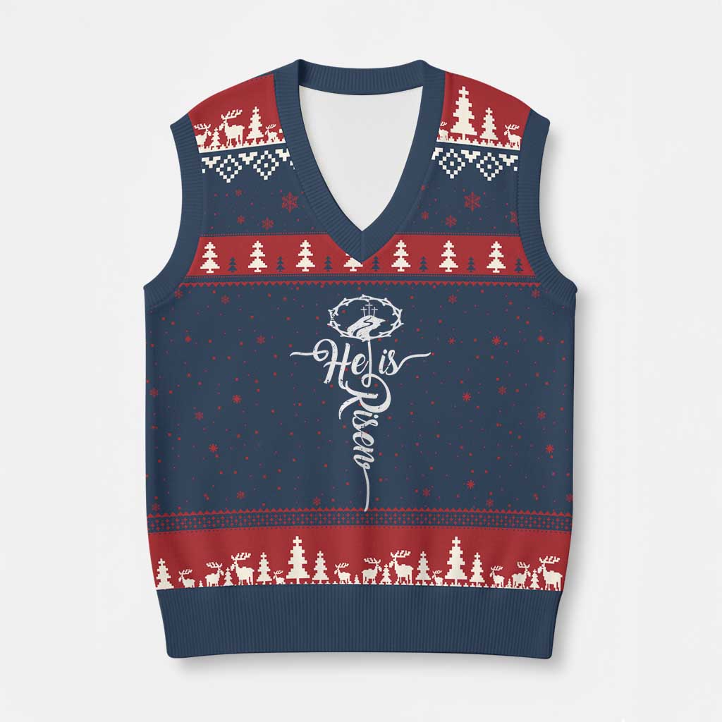 Easter He Is Risen V-Neck Knit Sweater Vest Christian Easter Day Religious Cross TS11 Navy Red Print Your Wear
