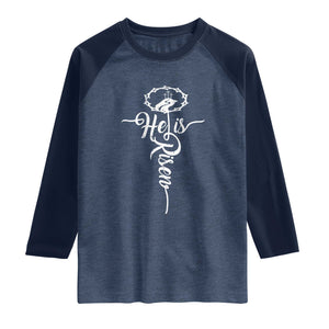 Easter He Is Risen Raglan Shirt Christian Easter Day Religious Cross TS11 Heather Denim Navy Print Your Wear