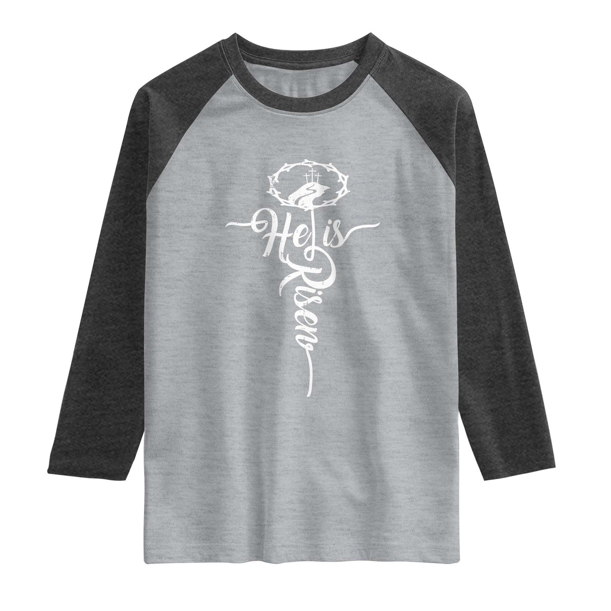 Easter He Is Risen Raglan Shirt Christian Easter Day Religious Cross TS11 Heather Gray Heather Charcoal Print Your Wear
