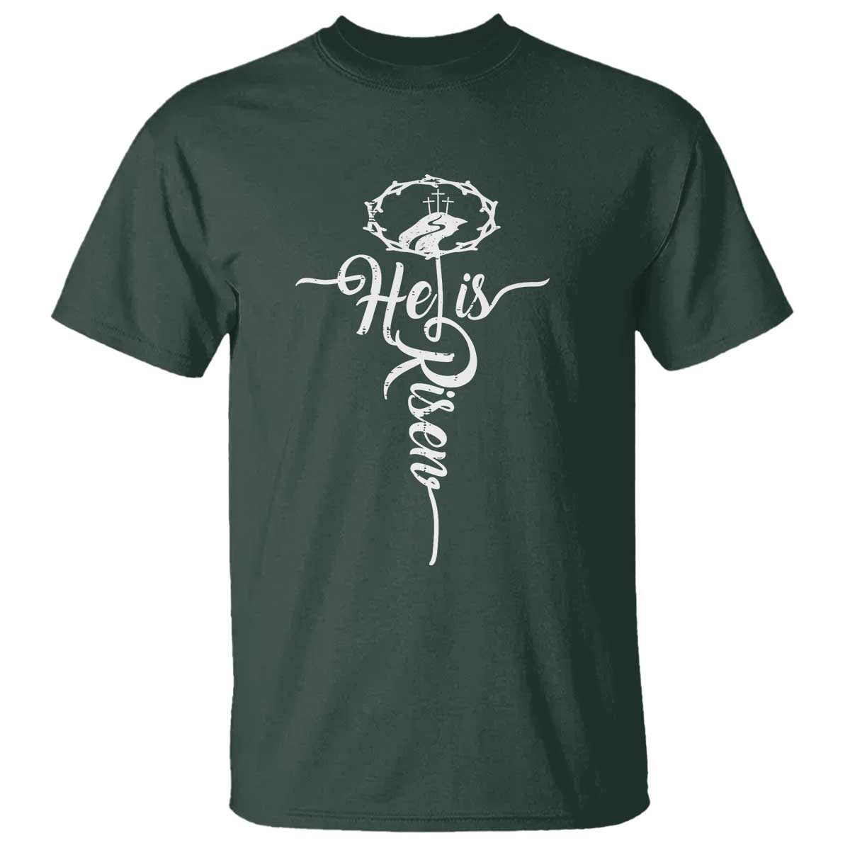 Easter He Is Risen T Shirt - Christian Easter Day Religious Cross TS11 Dark Forest Green Print Your Wear