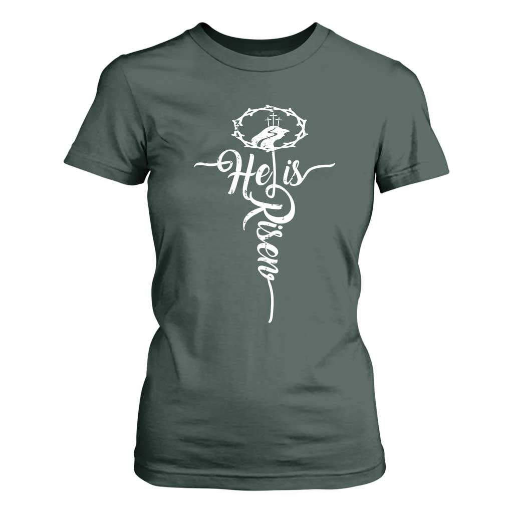 Easter He Is Risen T Shirt For Women Christian Easter Day Religious Cross TS11 Dark Forest Green Print Your Wear