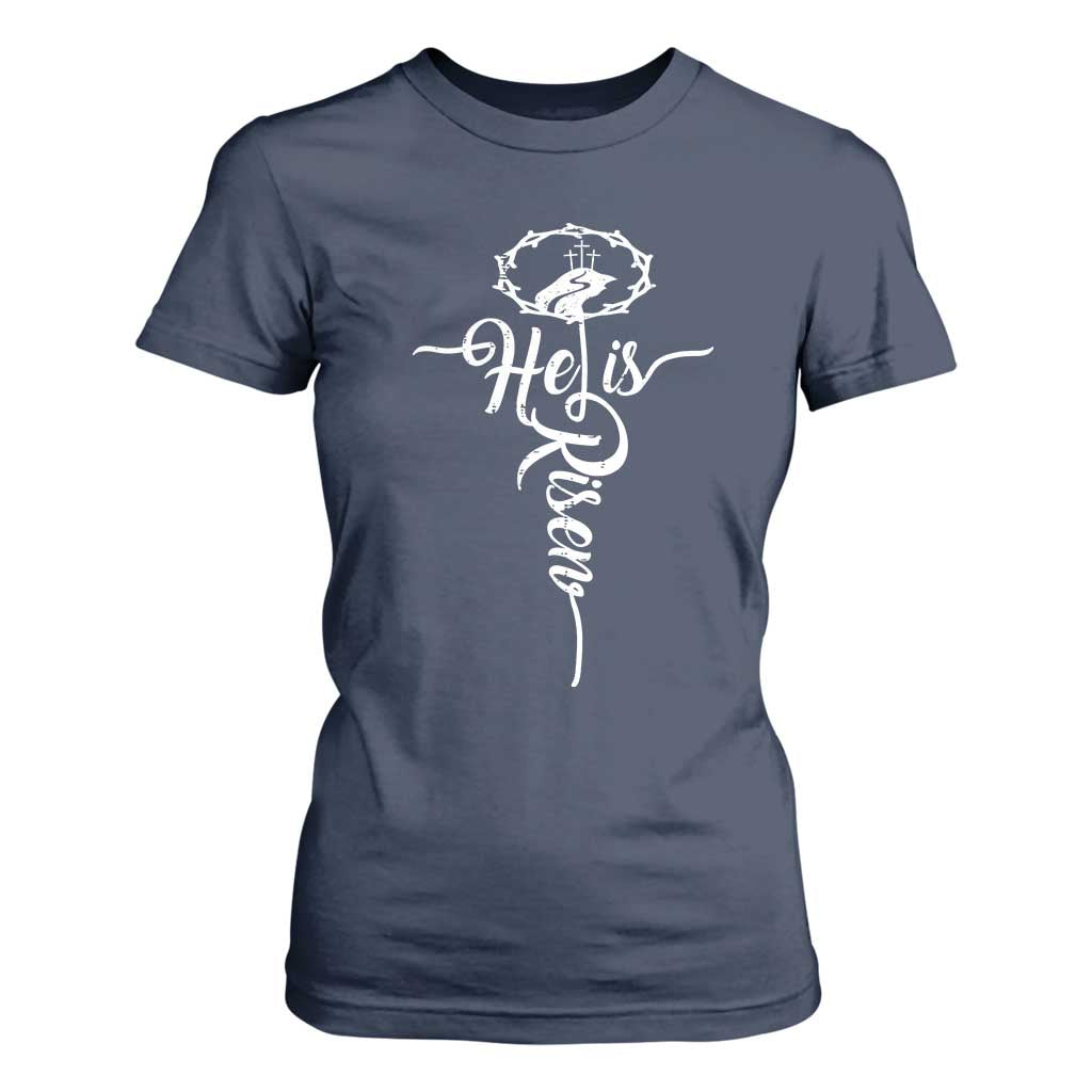 Easter He Is Risen T Shirt For Women Christian Easter Day Religious Cross TS11 Navy Print Your Wear
