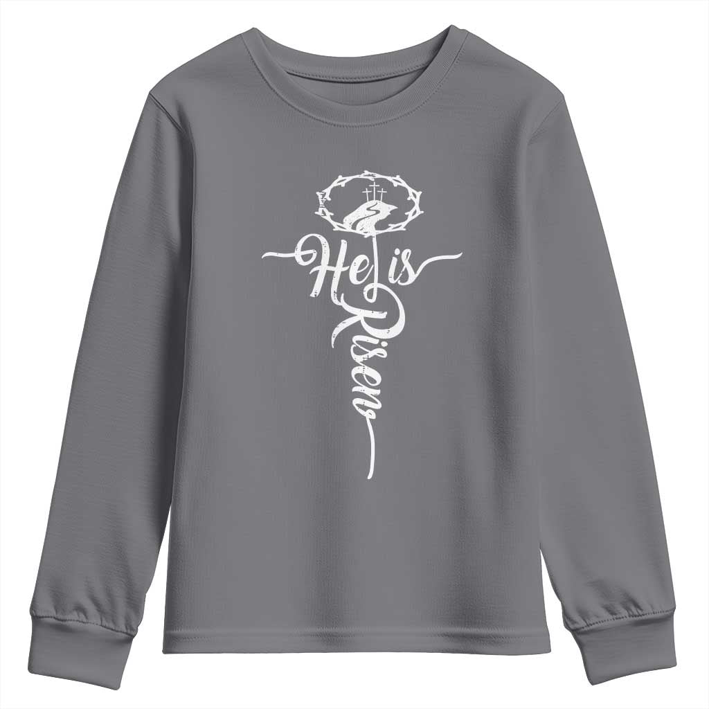 Easter He Is Risen Youth Sweatshirt Christian Easter Day Religious Cross TS11 Charcoal Print Your Wear