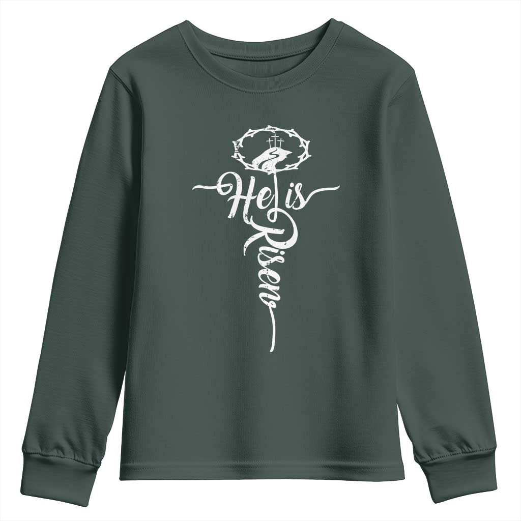 Easter He Is Risen Youth Sweatshirt Christian Easter Day Religious Cross TS11 Dark Forest Green Print Your Wear