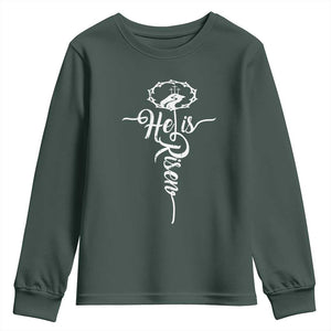 Easter He Is Risen Youth Sweatshirt Christian Easter Day Religious Cross TS11 Dark Forest Green Print Your Wear