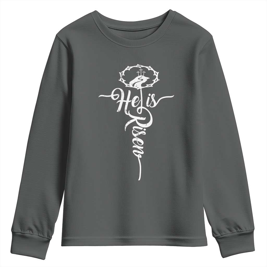 Easter He Is Risen Youth Sweatshirt Christian Easter Day Religious Cross TS11 Dark Heather Print Your Wear