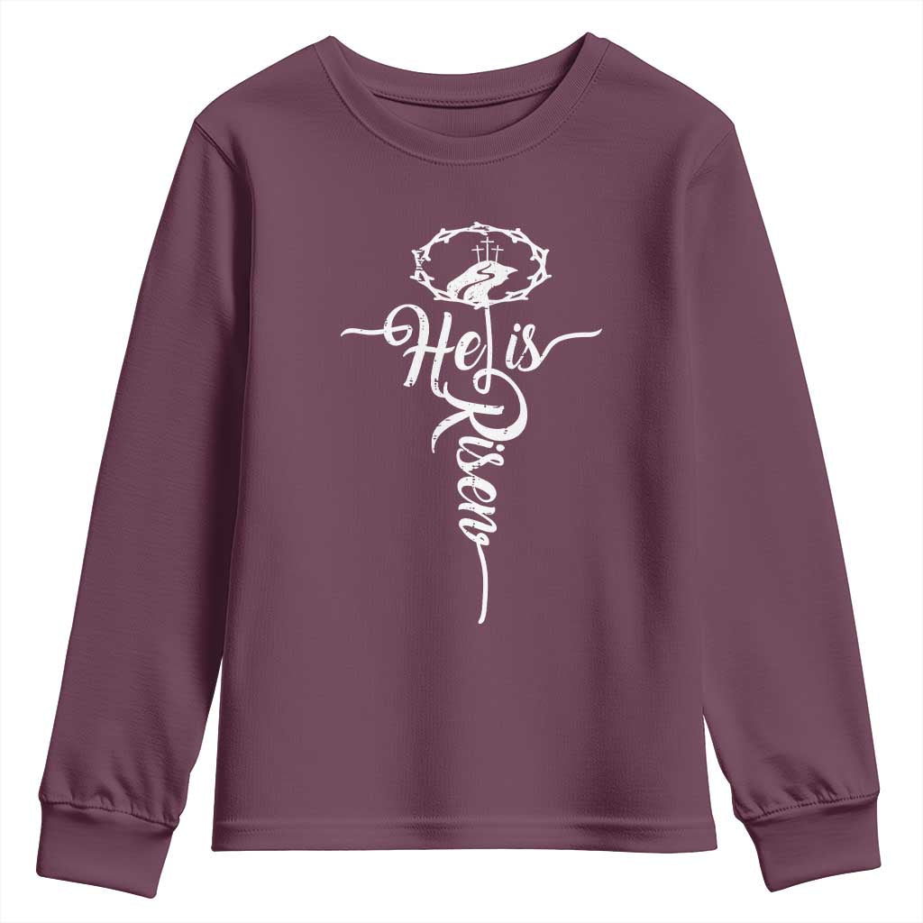 Easter He Is Risen Youth Sweatshirt Christian Easter Day Religious Cross TS11 Maroon Print Your Wear