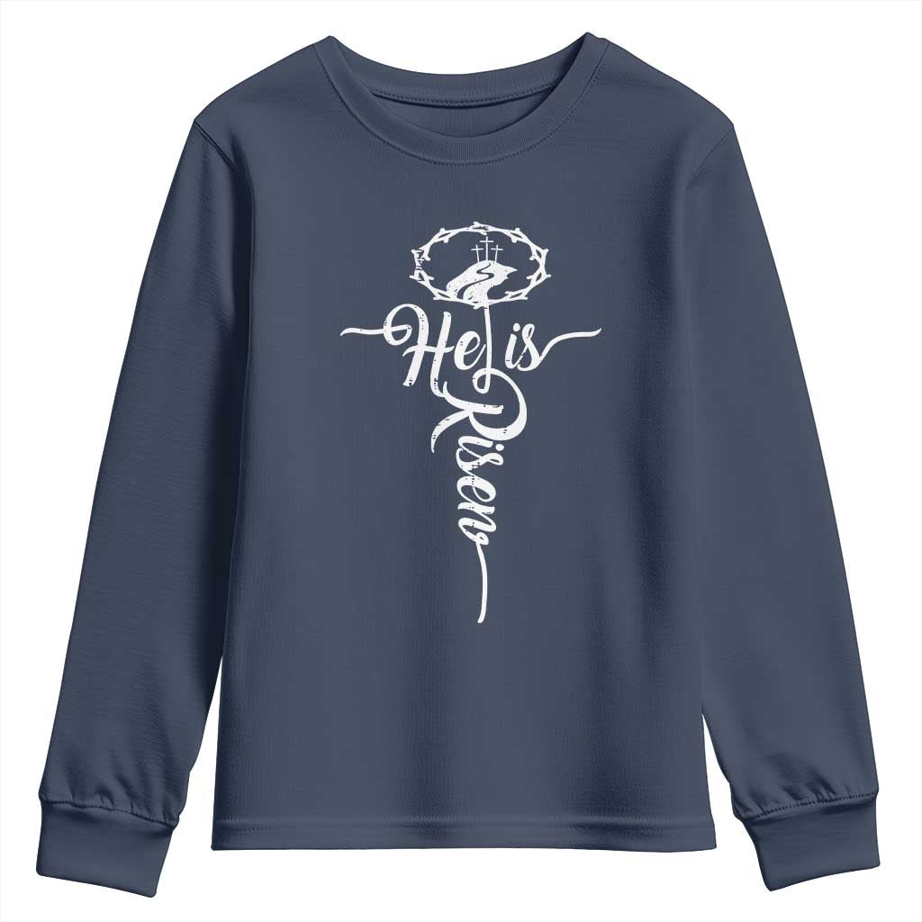 Easter He Is Risen Youth Sweatshirt Christian Easter Day Religious Cross TS11 Navy Print Your Wear