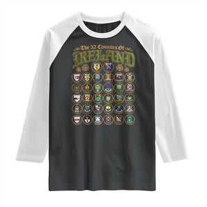The 32 Counties Of Ireland Raglan Shirt Irish Pride Heritage Vintage Celtic Shamrock TS11 Black White Print Your Wear