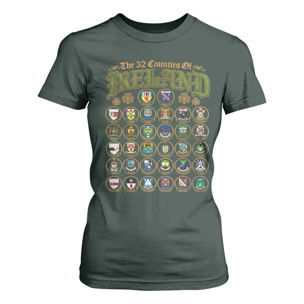 The 32 Counties Of Ireland T Shirt For Women Irish Pride Heritage Vintage Celtic Shamrock TS11 Dark Forest Green Print Your Wear