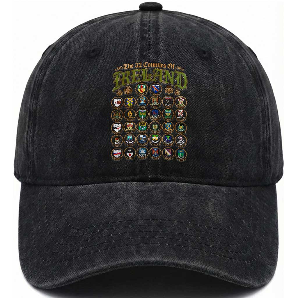 The 32 Counties Of Ireland Washed Cotton Baseball Cap Irish Pride Heritage Vintage Celtic Shamrock TS11 Print Your Wear