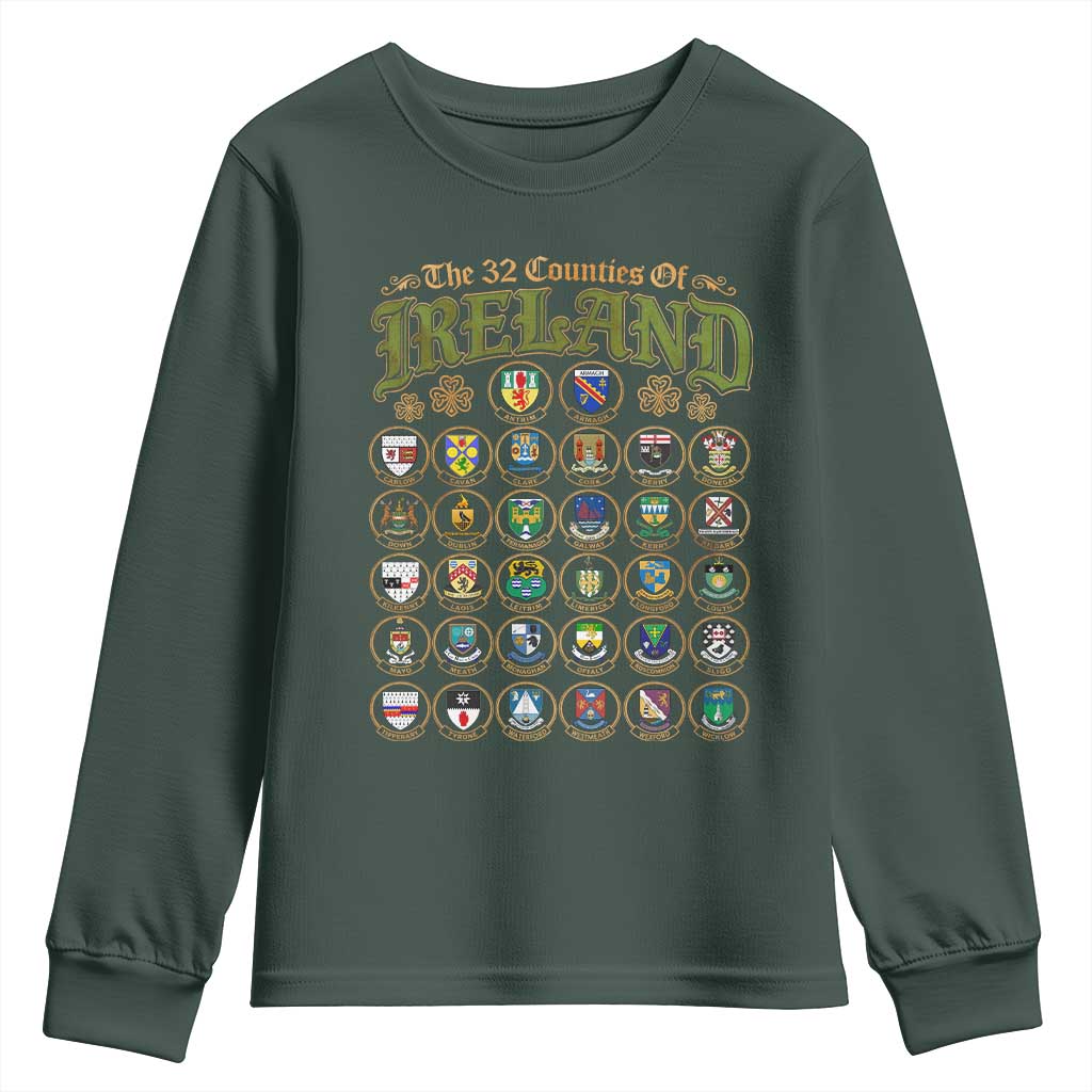 The 32 Counties Of Ireland Youth Sweatshirt Irish Pride Heritage Vintage Celtic Shamrock TS11 Dark Forest Green Print Your Wear