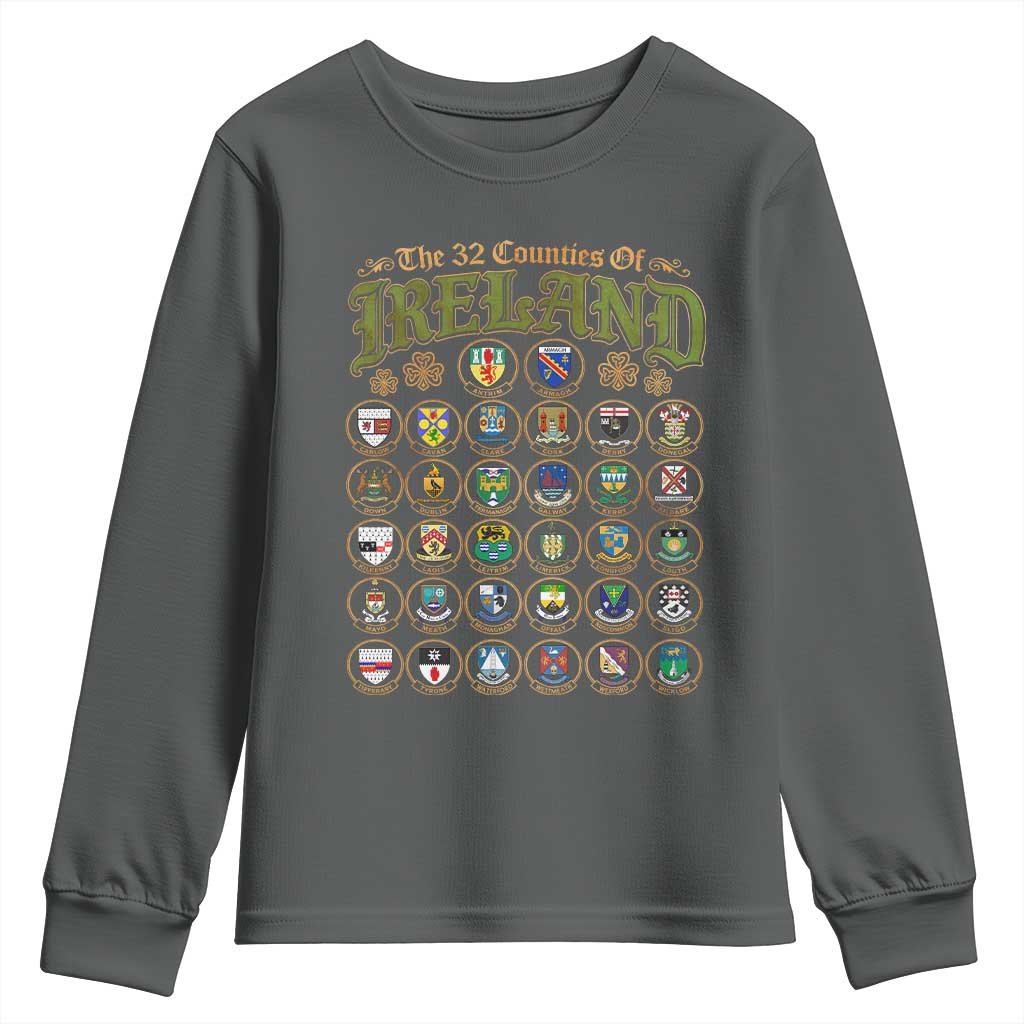 The 32 Counties Of Ireland Youth Sweatshirt Irish Pride Heritage Vintage Celtic Shamrock TS11 Dark Heather Print Your Wear