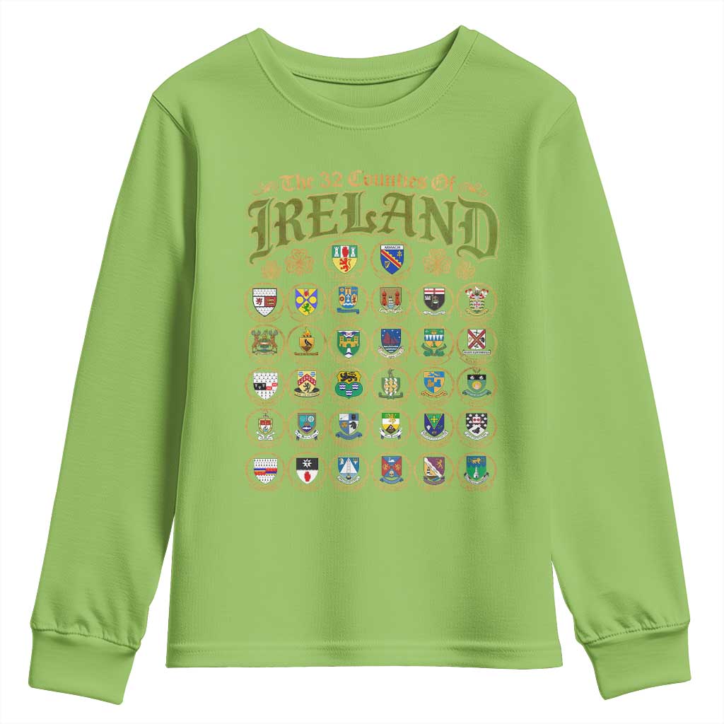 The 32 Counties Of Ireland Youth Sweatshirt Irish Pride Heritage Vintage Celtic Shamrock TS11 Lime Print Your Wear