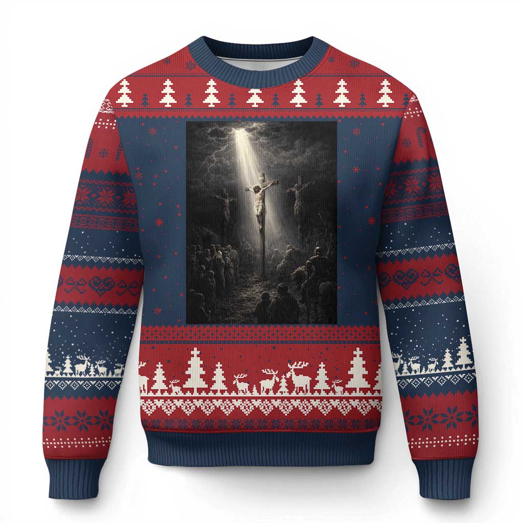 Jesus Christ Crucifixion Scene Religious Christian Easter Ugly Christmas Sweater TS11 Navy Red Print Your Wear
