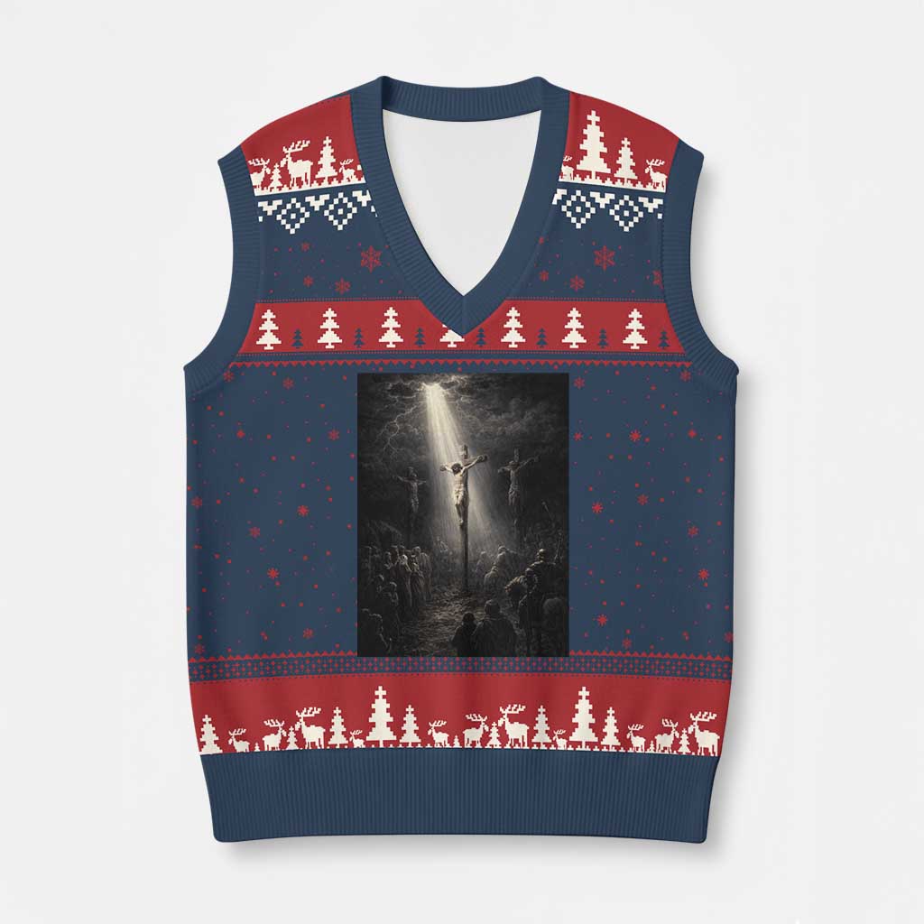 Jesus Christ Crucifixion Scene Religious Christian Easter V-Neck Knit Sweater Vest TS11 Navy Red Print Your Wear