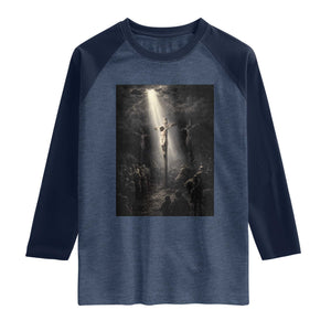 Jesus Christ Crucifixion Scene Religious Christian Easter Raglan Shirt TS11 Heather Denim Navy Print Your Wear