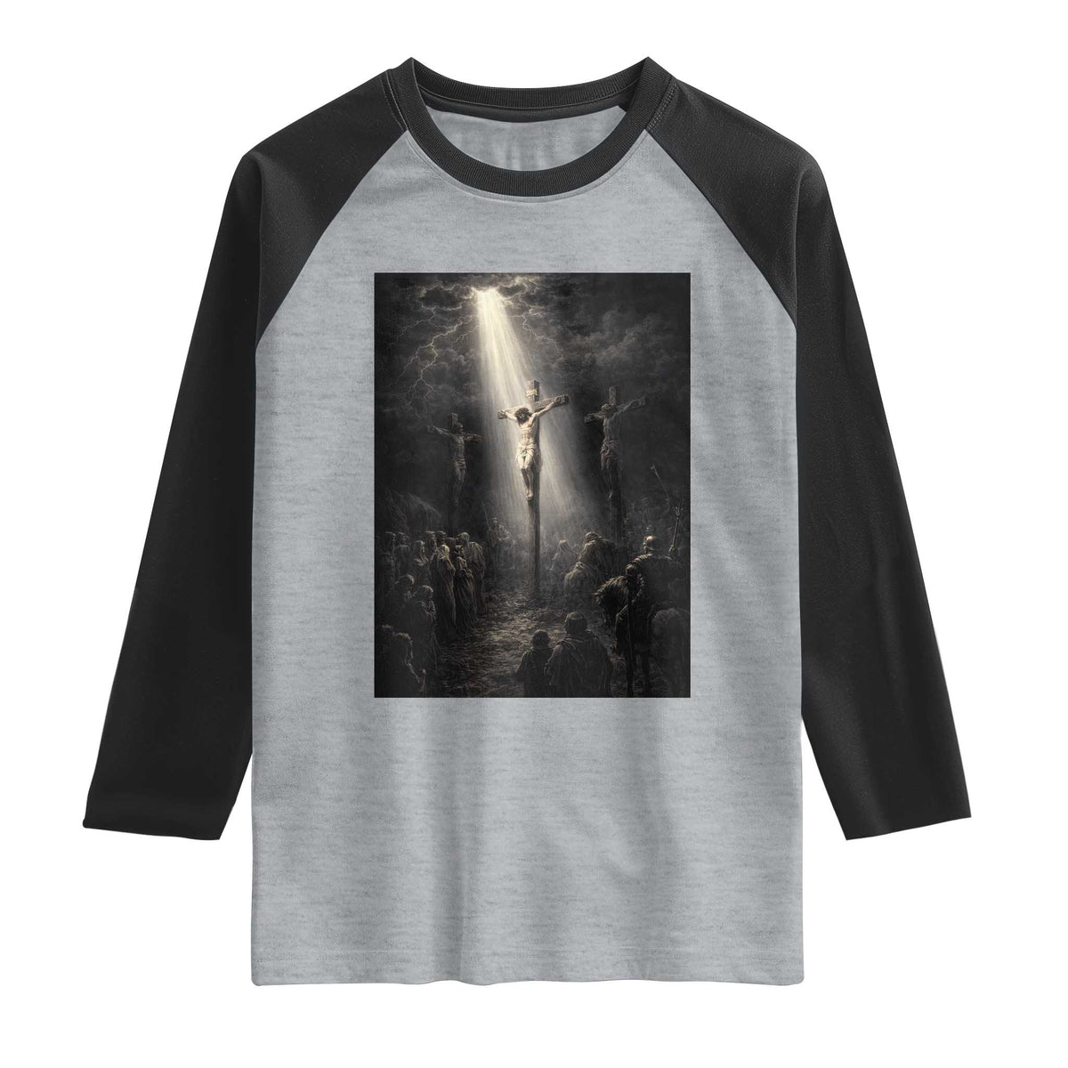 Jesus Christ Crucifixion Scene Religious Christian Easter Raglan Shirt TS11 Heather Gray Black Print Your Wear