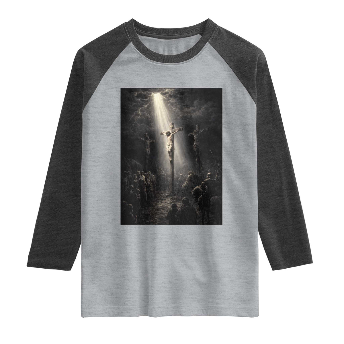 Jesus Christ Crucifixion Scene Religious Christian Easter Raglan Shirt TS11 Heather Gray Heather Charcoal Print Your Wear