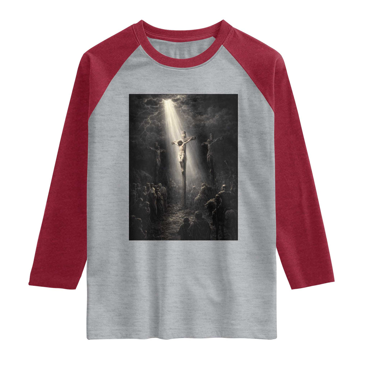 Jesus Christ Crucifixion Scene Religious Christian Easter Raglan Shirt TS11 Heather Gray Heather Red Print Your Wear