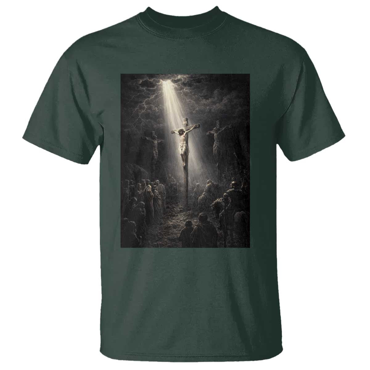 Jesus Christ Crucifixion Scene Religious Christian Easter T Shirt TS11 Dark Forest Green Print Your Wear