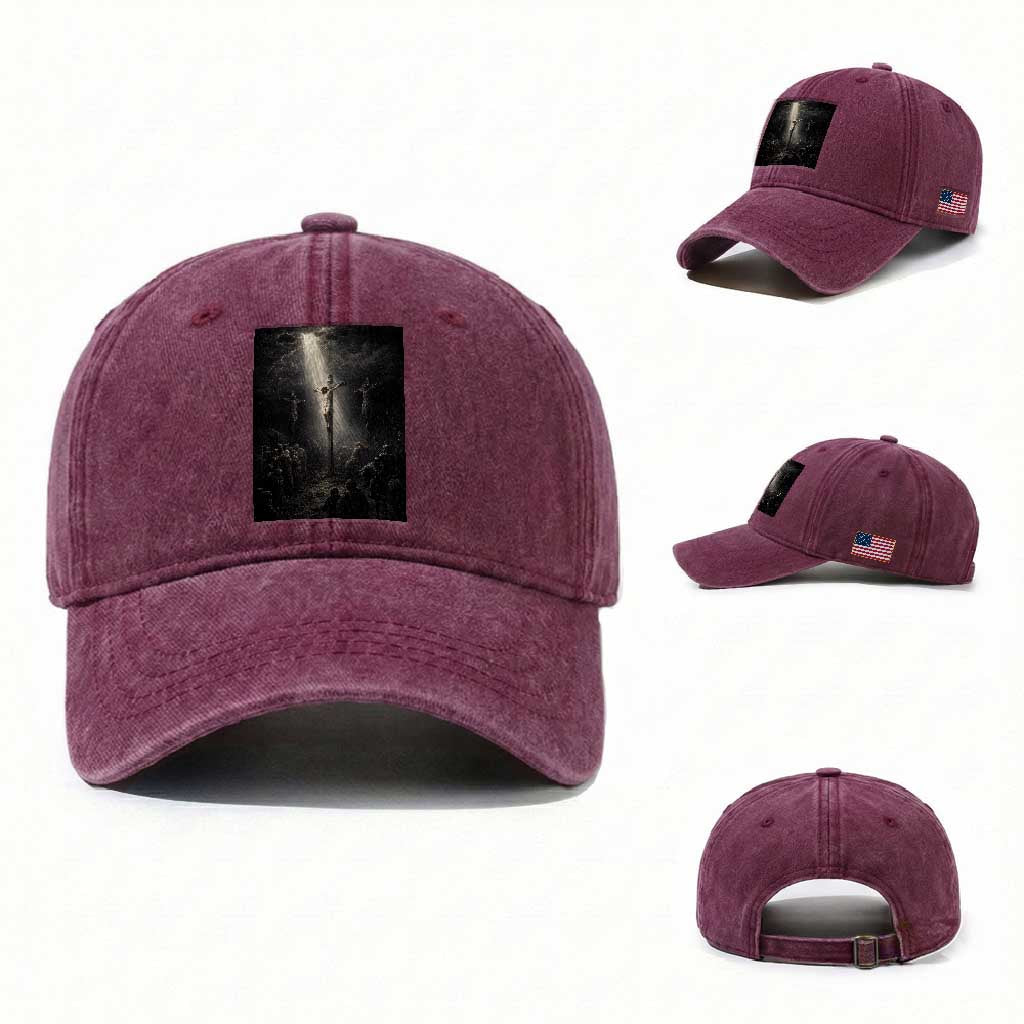 Jesus Christ Crucifixion Scene Religious Christian Easter Washed Cotton Baseball Cap TS11 Washed Cap Universal Fit Burgundy Print Your Wear