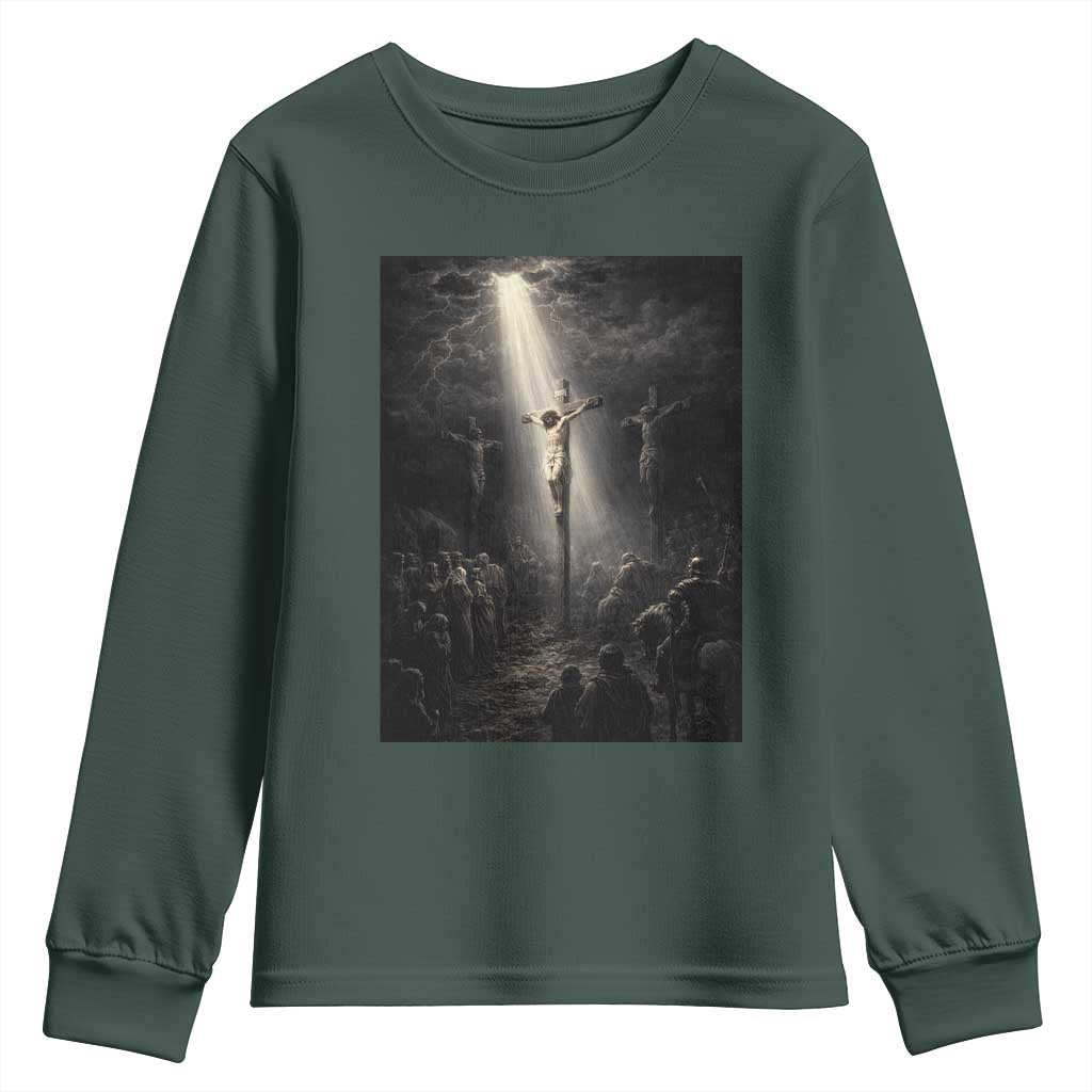 Jesus Christ Crucifixion Scene Religious Christian Easter Youth Sweatshirt TS11 Dark Forest Green Print Your Wear