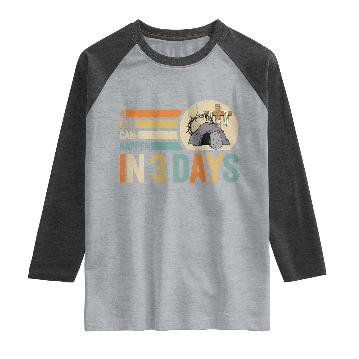 Easter A Lot Can Happen In 3 Days Religious Raglan Shirt TS11 Heather Gray Heather Charcoal Print Your Wear