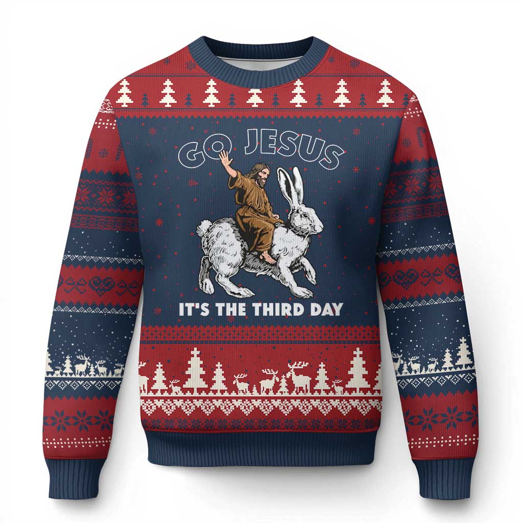 Funny Christian Easter Ugly Christmas Sweater Go Jesus It Is The Third Day Religious Bunny TS11 Navy Red Print Your Wear