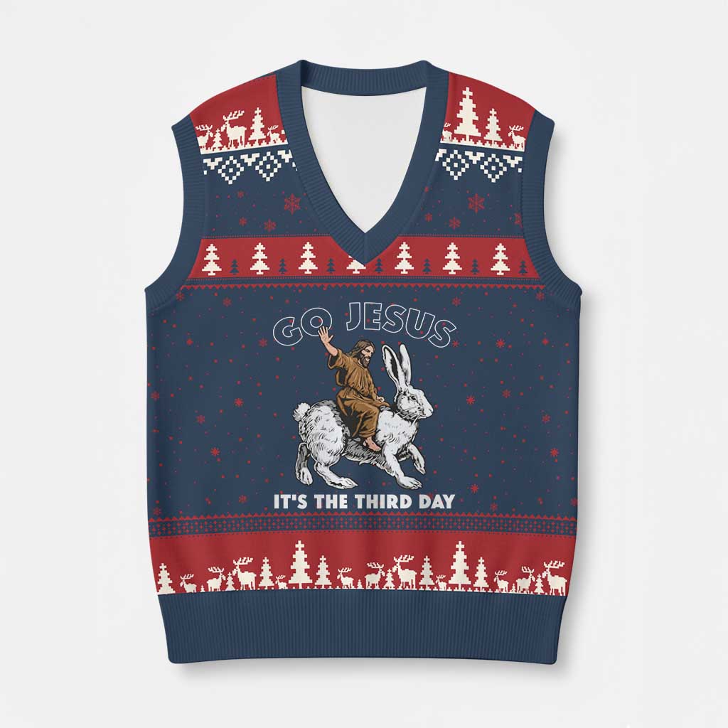 Funny Christian Easter V-Neck Knit Sweater Vest Go Jesus It Is The Third Day Religious Bunny TS11 Navy Red Print Your Wear