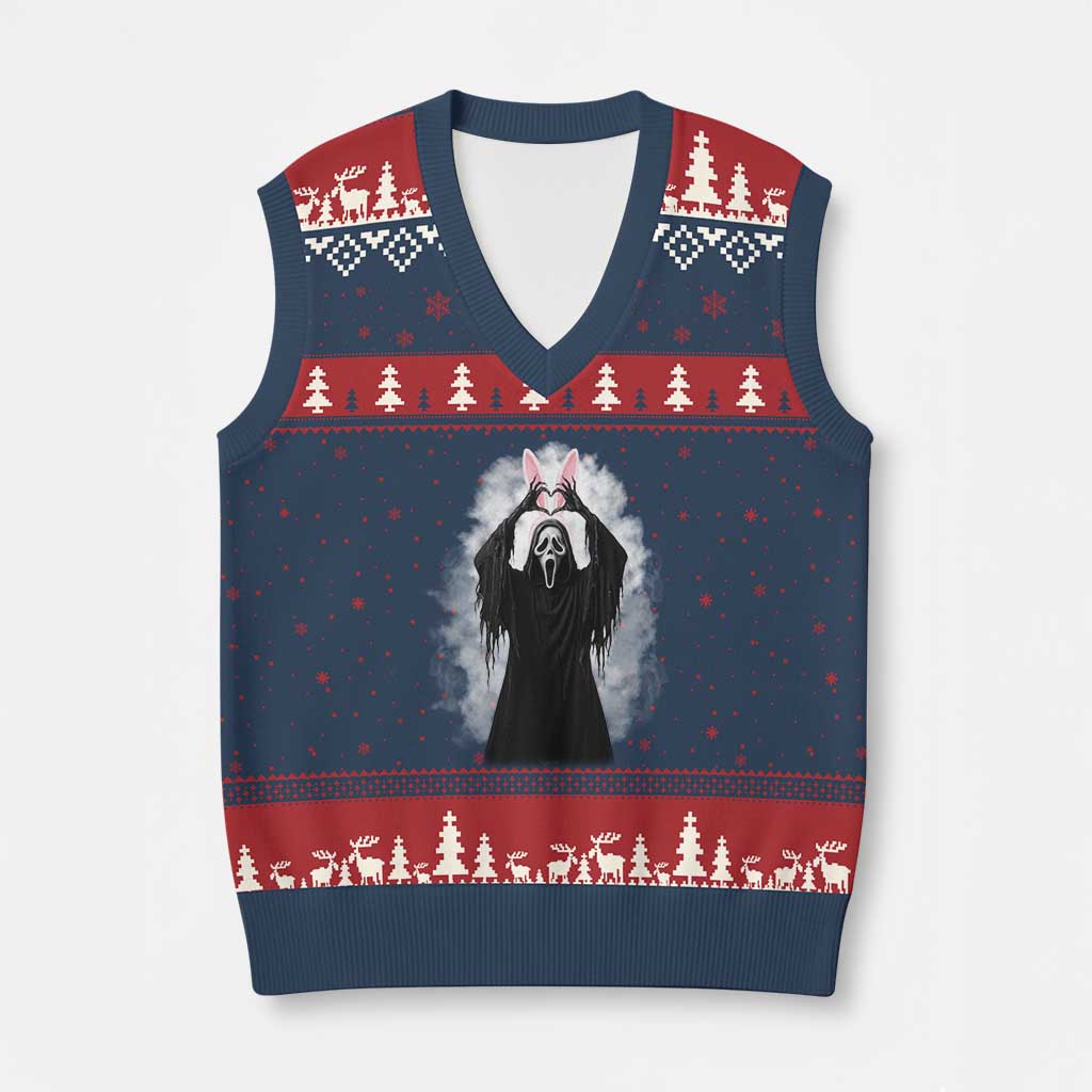 Funny Scary Bunny Face Ghost Heart Hand Sign Easter Day V-Neck Knit Sweater Vest TS11 Navy Red Print Your Wear